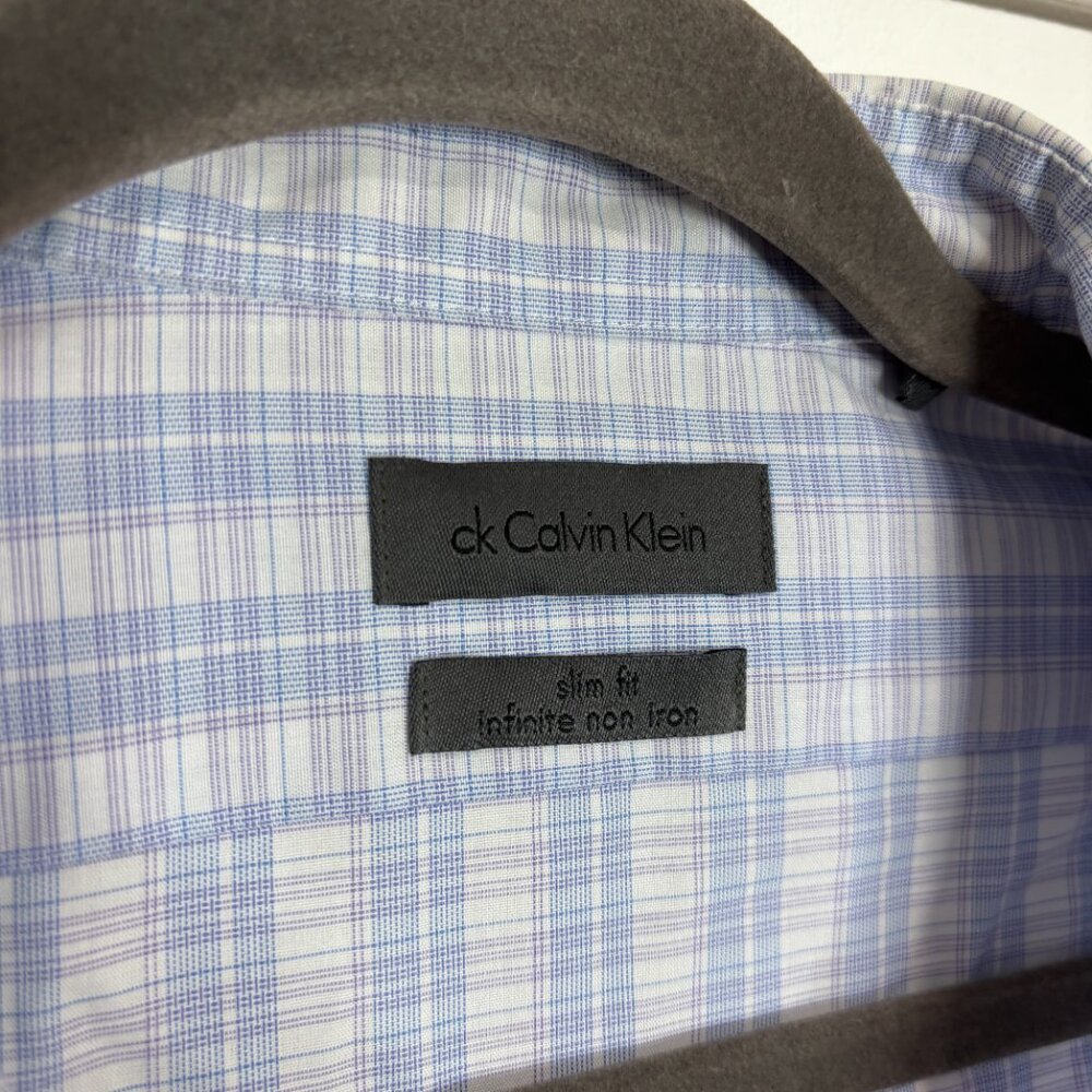 Men's ck Calvin Klein Blue Checkered Slim Fit Dress Shirt Size 16 - 32/33 - Picture 2 of 5
